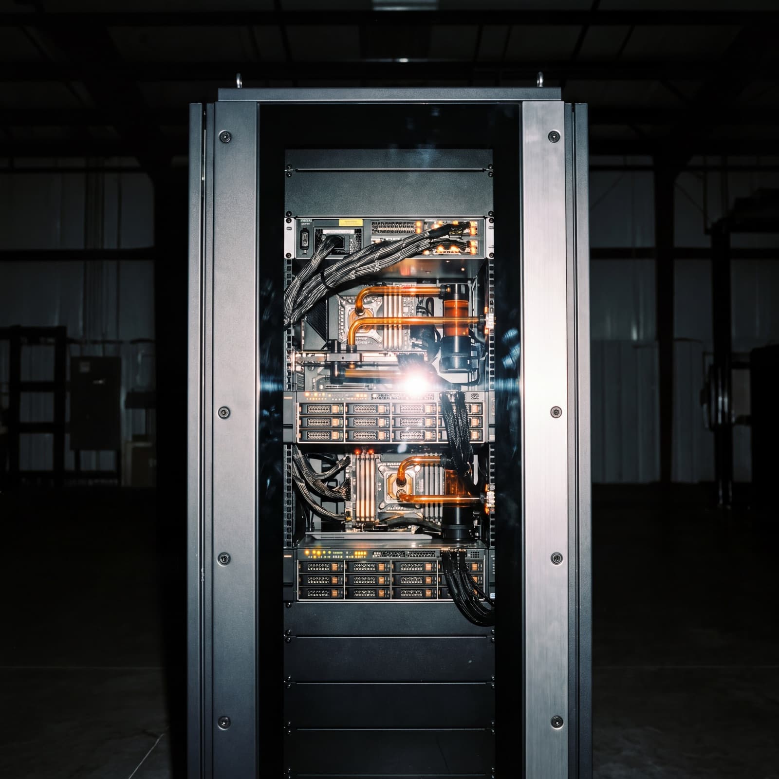 A liquid-cooled GPU server rack with copper piping, the kind Sharq deploys into on-premises